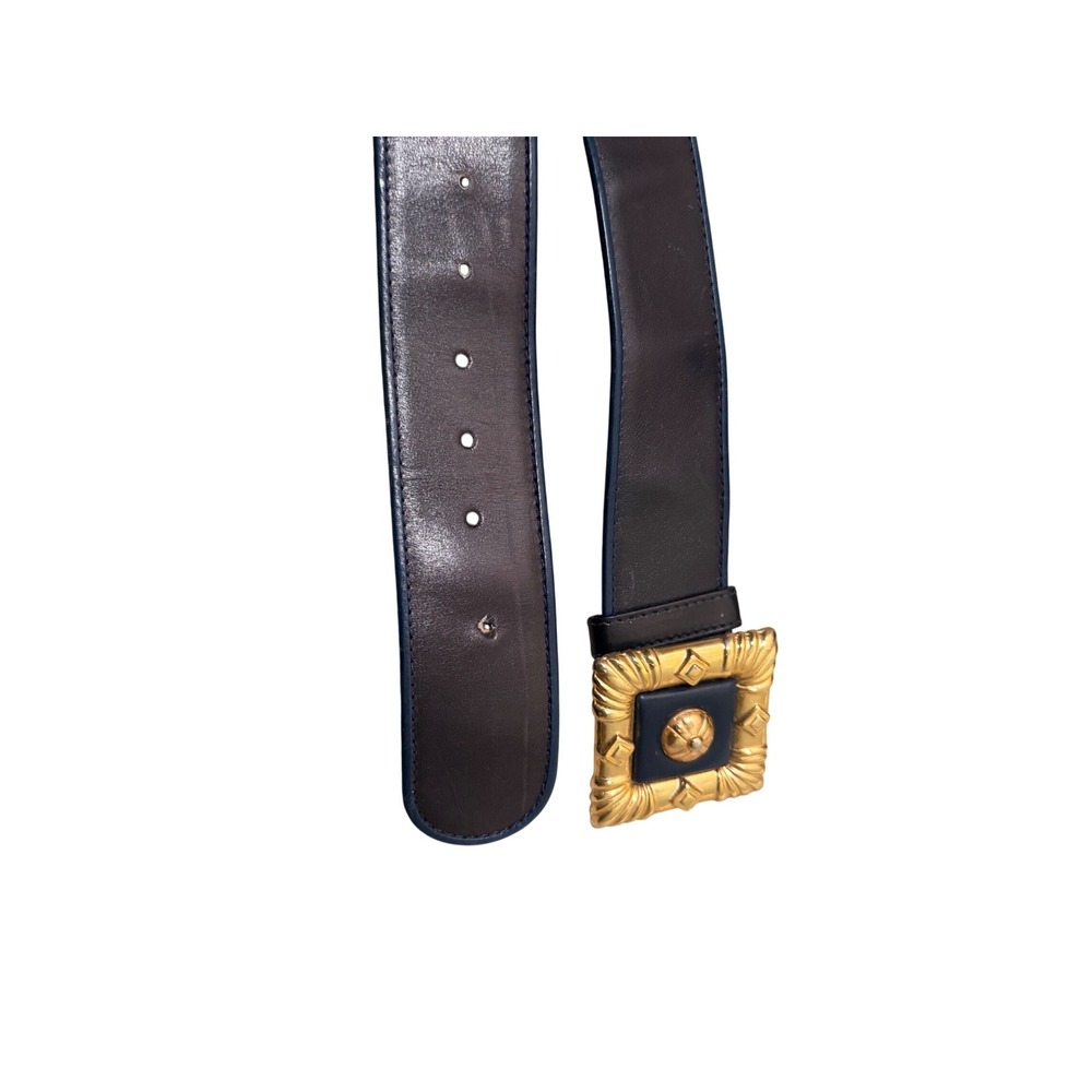 Escada Vintage Navy Blue Leather Wide Waist Belt Gold Ornate Buckle Italy 36 - Picture 2 of 5